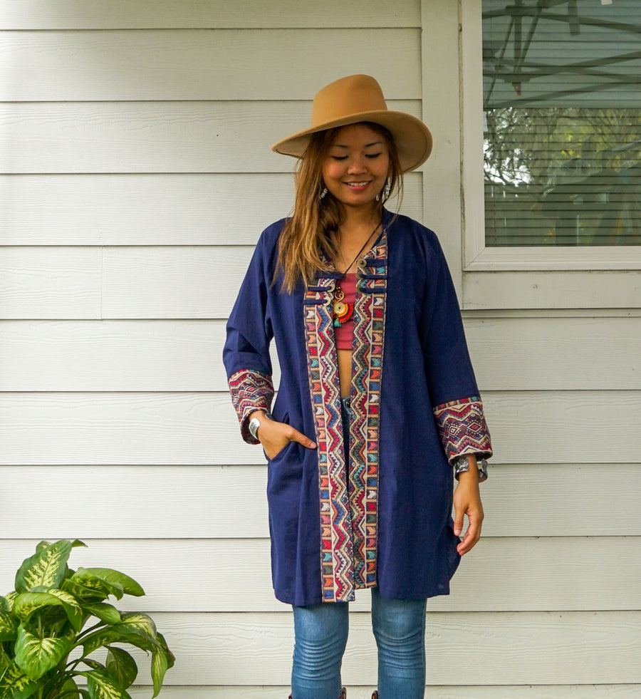 Navy Blue Organic Cotton Boho Jacket Cardigan with Pockets