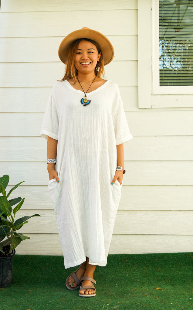 Natural Double Gauze Cotton Dress with Pockets