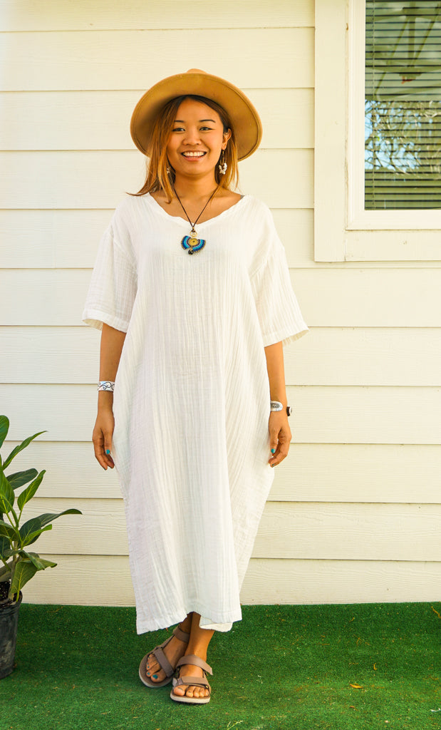 Natural Double Gauze Cotton Dress with Pockets
