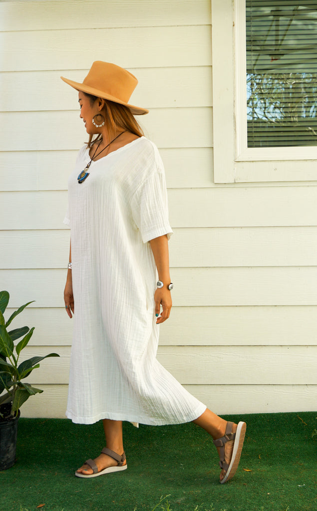 Natural Double Gauze Cotton Dress with Pockets