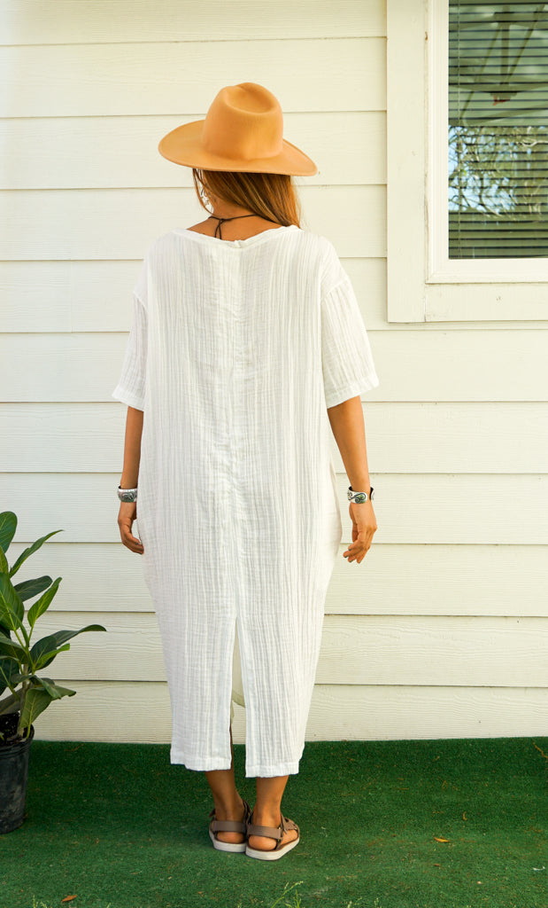 Natural Double Gauze Cotton Dress with Pockets