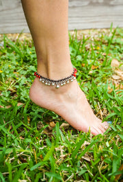 Red Coral Stones Bell Boho Silver Anklet