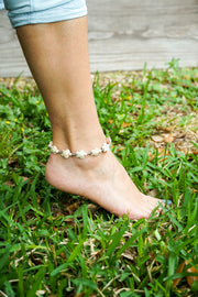 Turtle White Turquoise Beaded Boho Silver Anklet