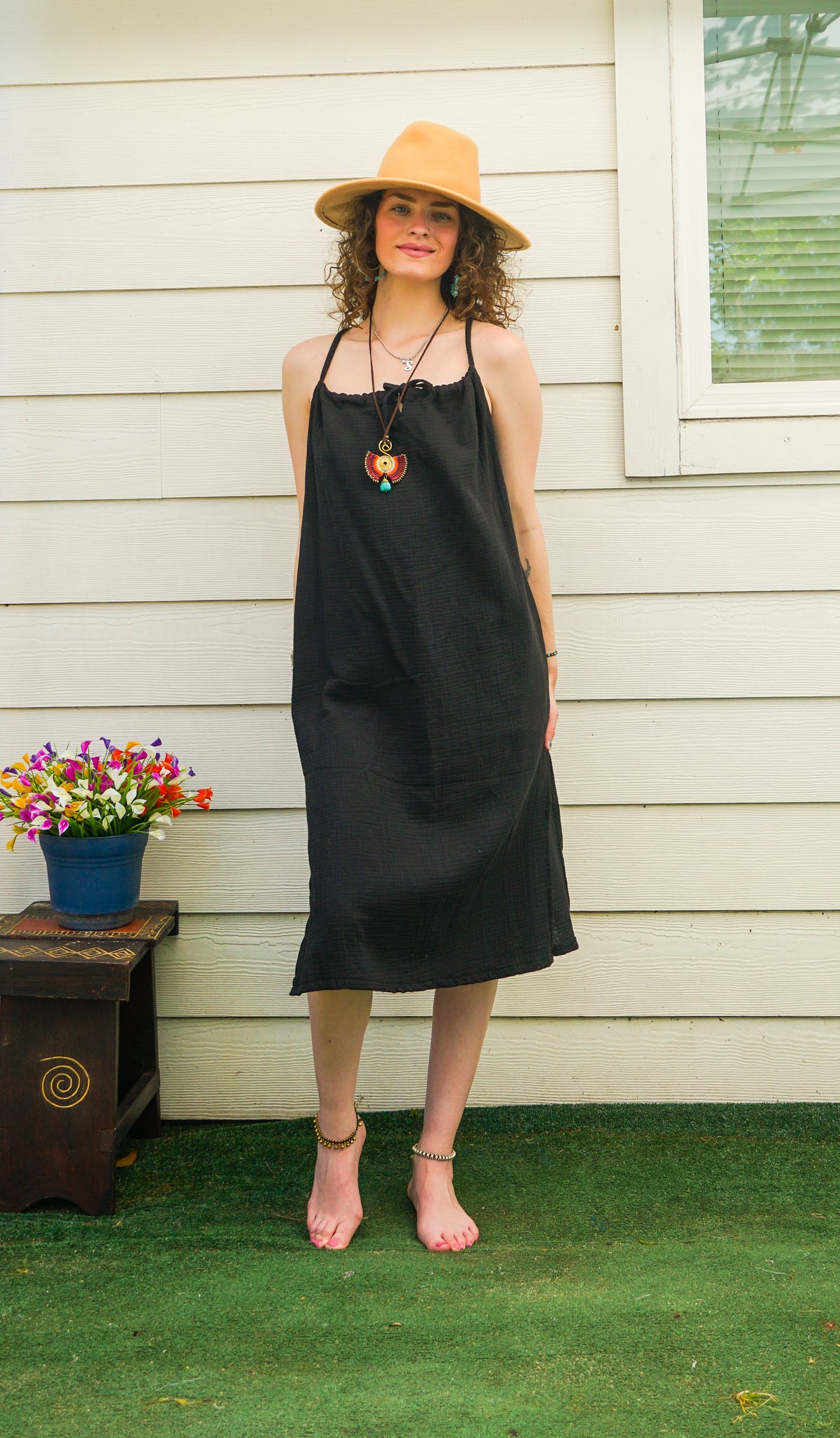 Black Raw Double Gauze Crinkled Cotton Midi Dress