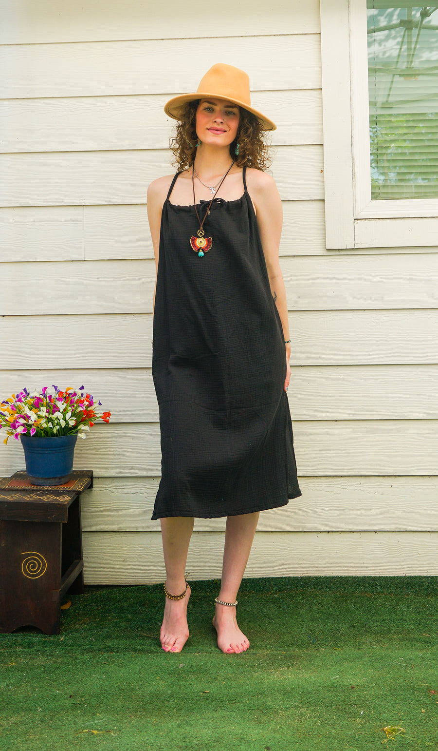 Black Raw Double Gauze Crinkled Cotton Midi Dress