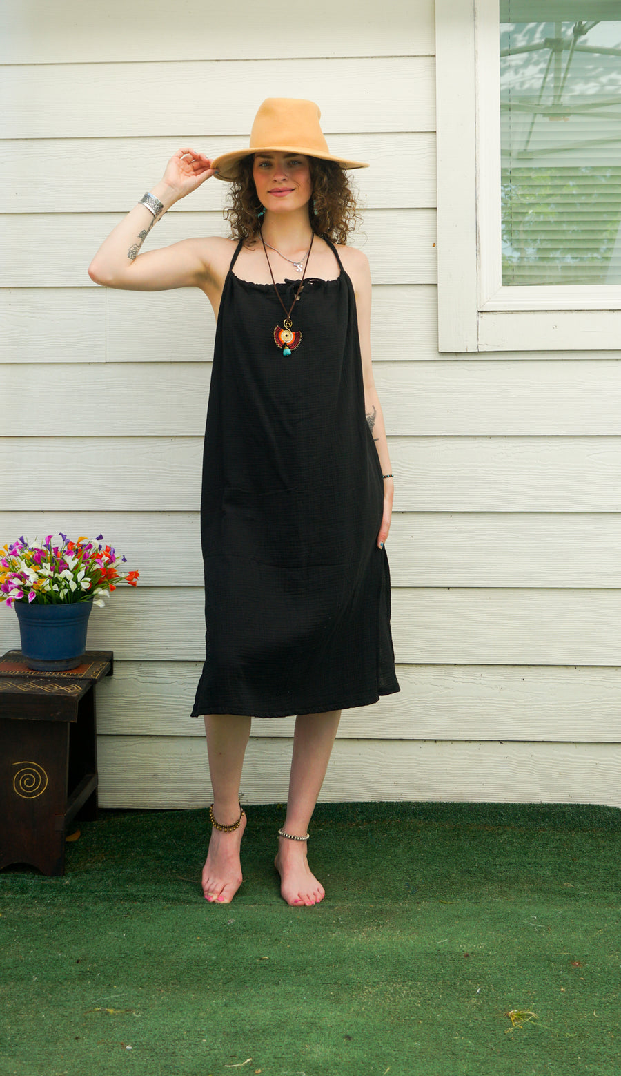 Black Raw Double Gauze Crinkled Cotton Midi Dress