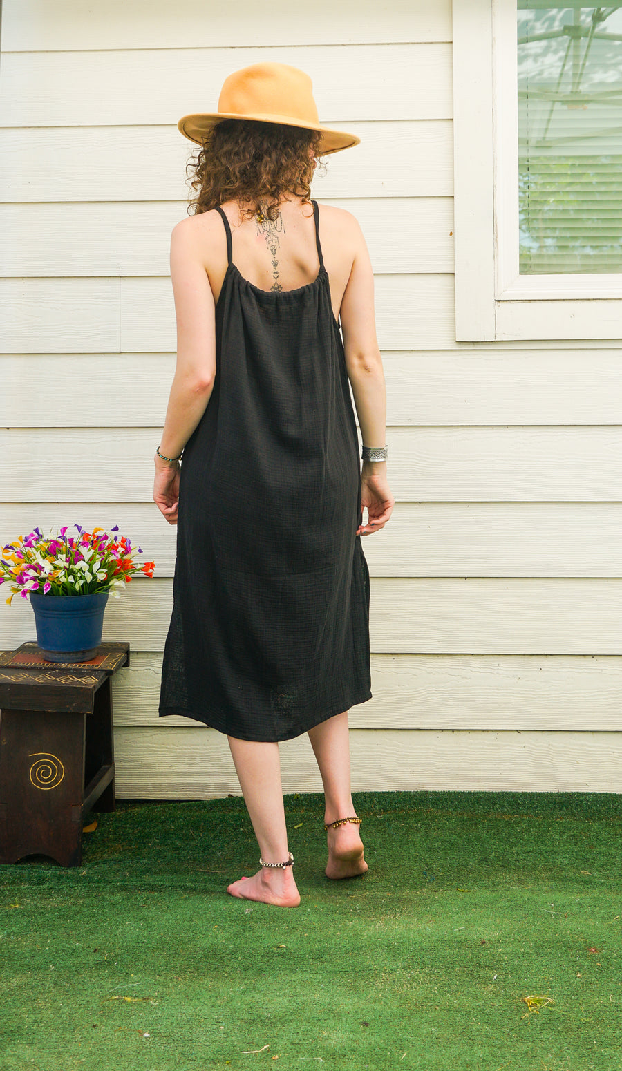 Black Raw Double Gauze Crinkled Cotton Midi Dress