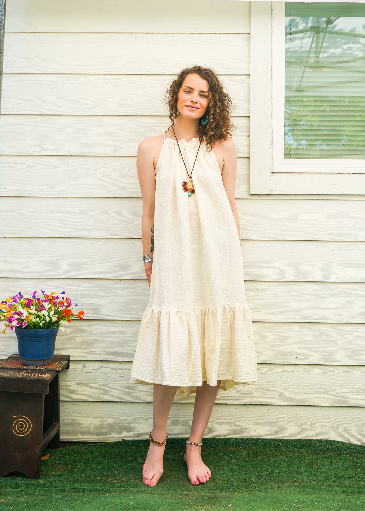 Raw Double Gauze Crinkled Cotton Tiered Midi Dress