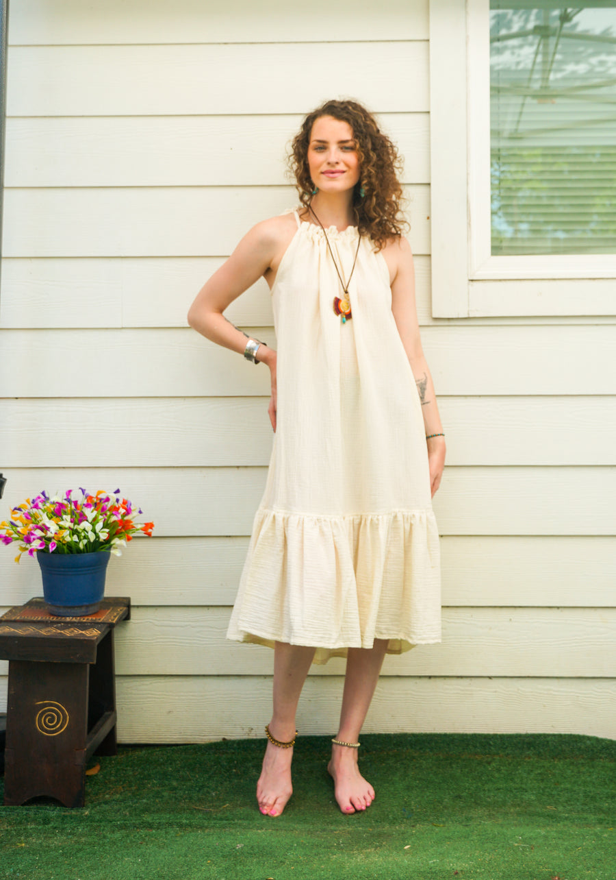 Raw Double Gauze Crinkled Cotton Tiered Midi Dress