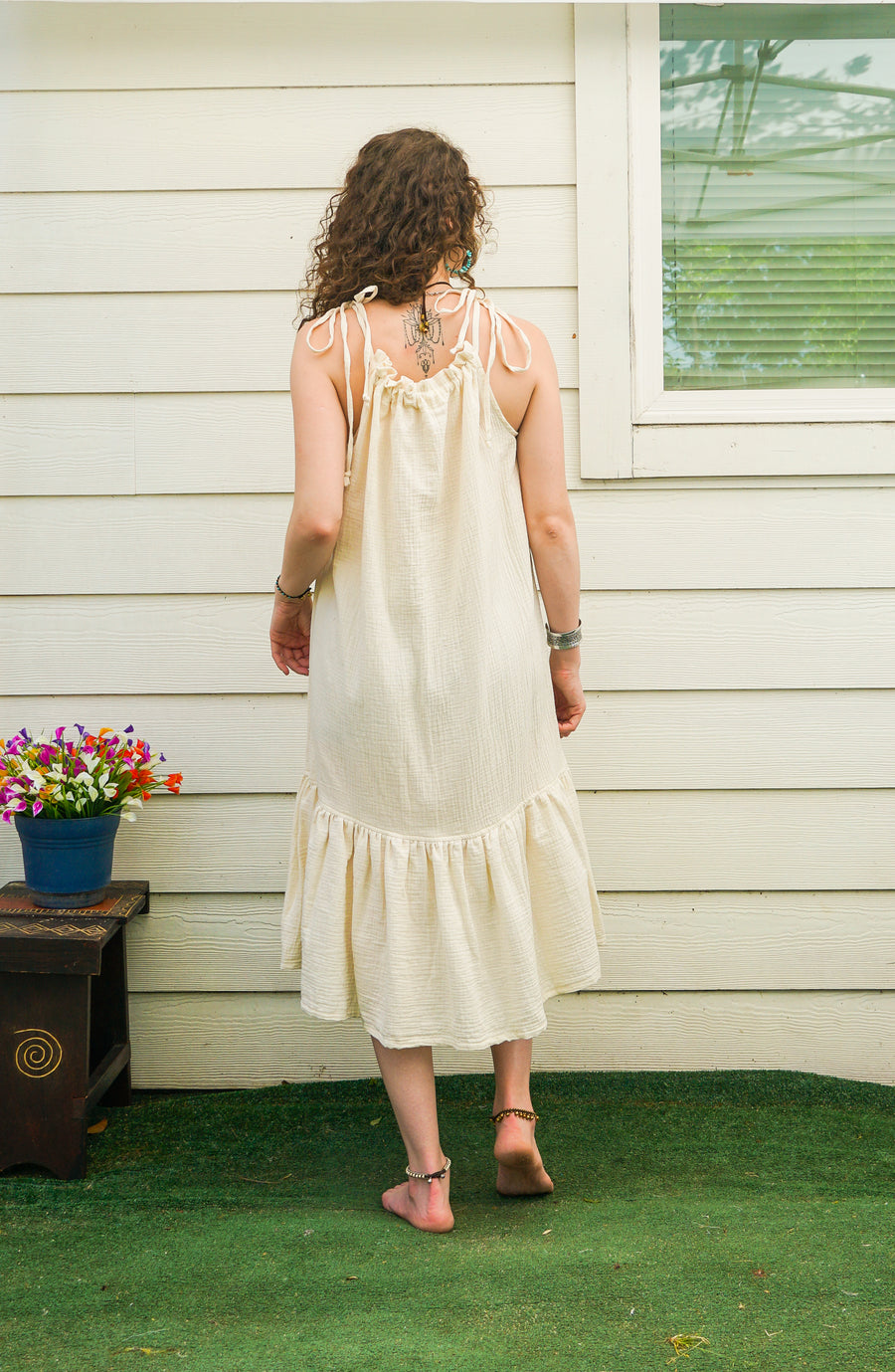 Raw Double Gauze Crinkled Cotton Tiered Midi Dress