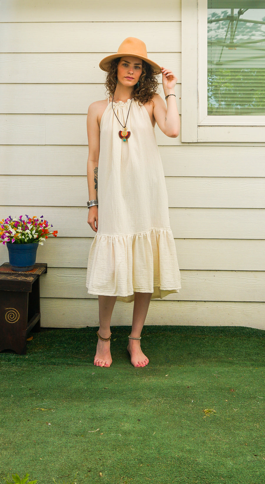 Raw Double Gauze Crinkled Cotton Tiered Midi Dress