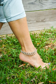 Triple Strand White Turquoise Boho Silver Anklet