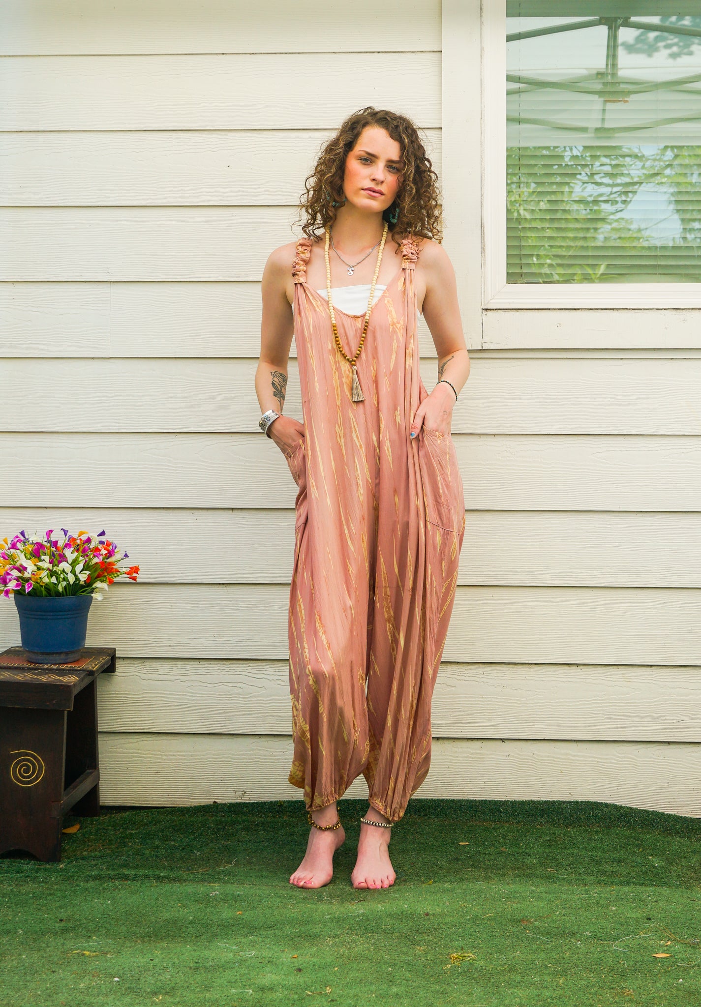 Rose Sol Hand Dyed Dungarees Overalls Jumpsuit with Pockets