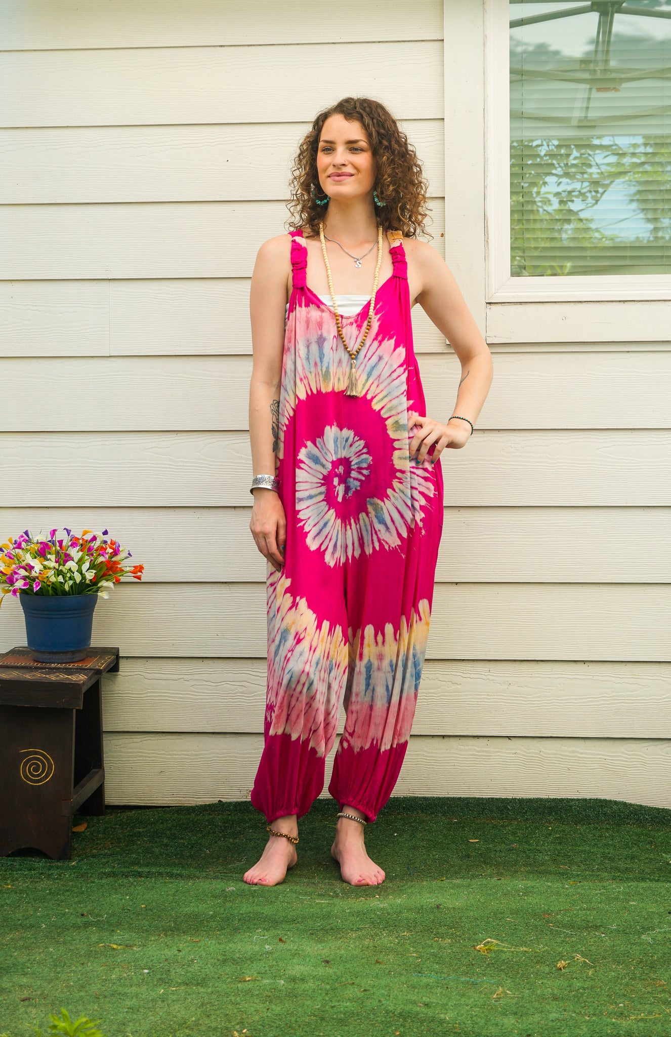 Pink Bloom Hand Dyed Dungarees Overalls Jumpsuit with Pockets