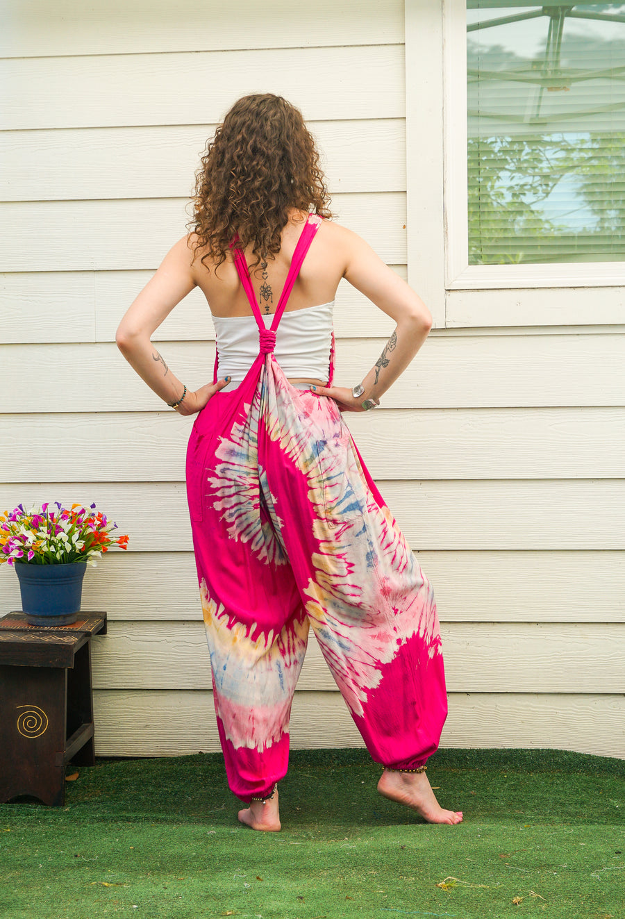 Pink Bloom Hand Dyed Dungarees Overalls Jumpsuit with Pockets