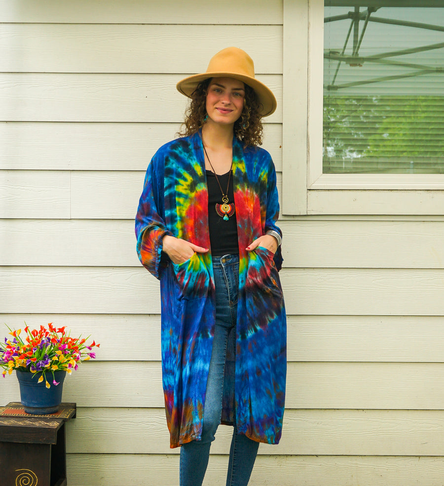 Rainbow Spiral Heart Kimono – Hand-Dyed Boho Duster