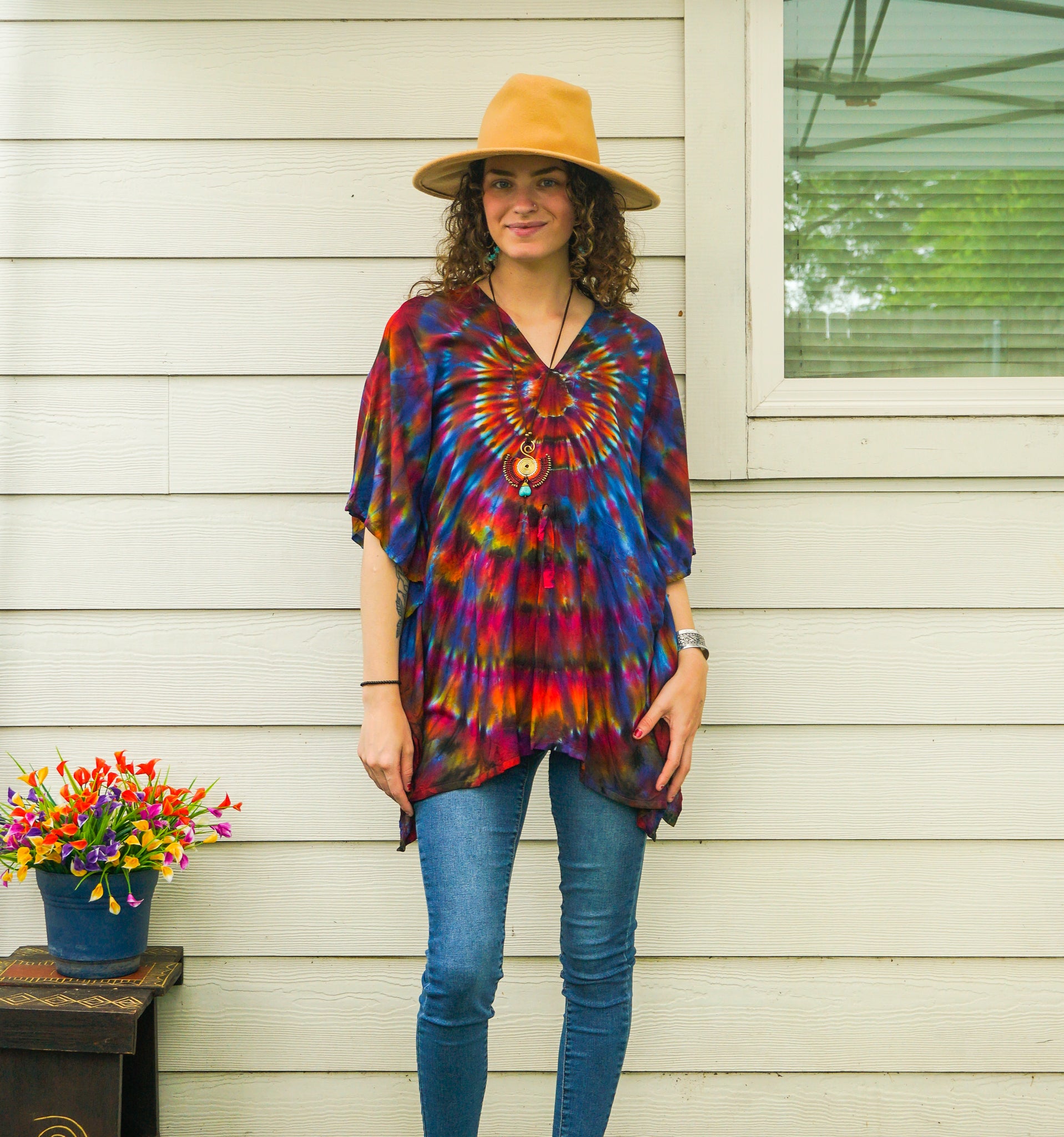 Solar Bloom Tie-Dye Kaftan Blouse – Boho V-Neck Flowing Top