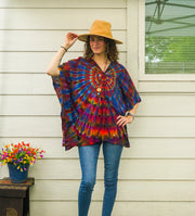 Solar Bloom Tie-Dye Kaftan Blouse – Boho V-Neck Flowing Top