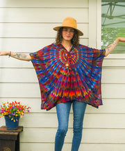 Solar Bloom Tie-Dye Kaftan Blouse – Boho V-Neck Flowing Top
