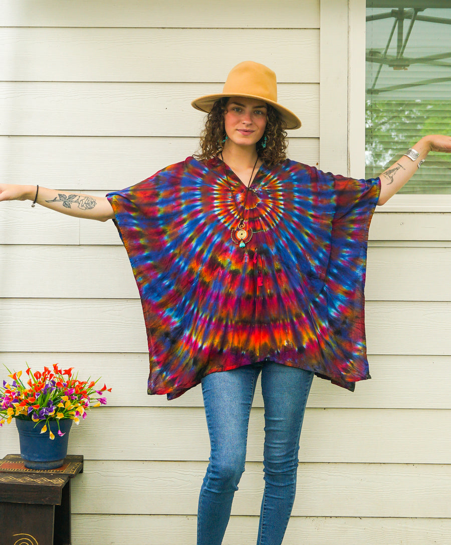 Solar Bloom Tie-Dye Kaftan Blouse – Boho V-Neck Flowing Top