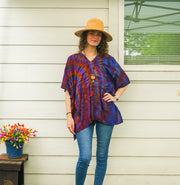 Solar Bloom Tie-Dye Kaftan Blouse – Boho V-Neck Flowing Top