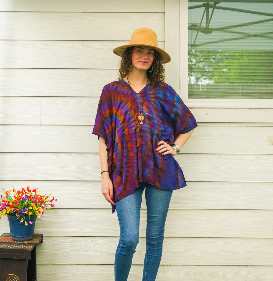 Solar Bloom Tie-Dye Kaftan Blouse – Boho V-Neck Flowing Top