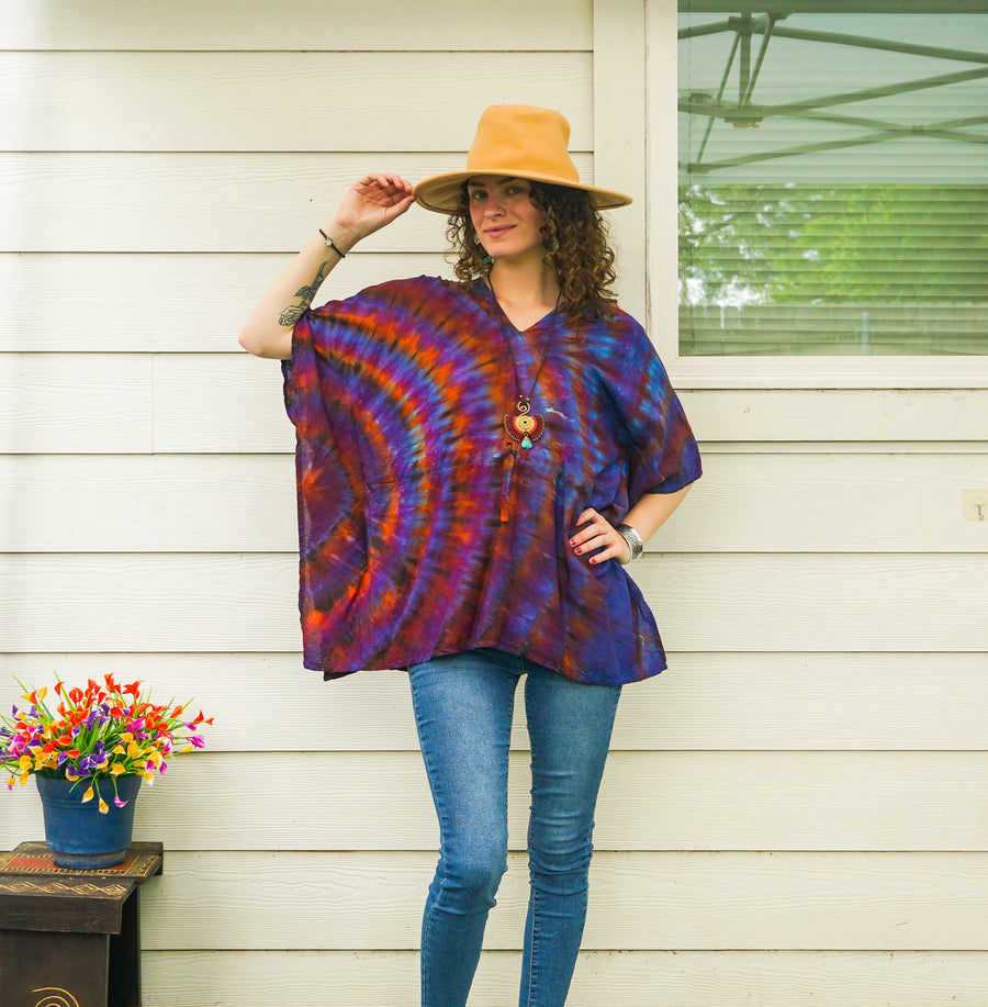 Midnight Prism Waves Boho Poncho Top – Hand-Dyed Flow Tunic