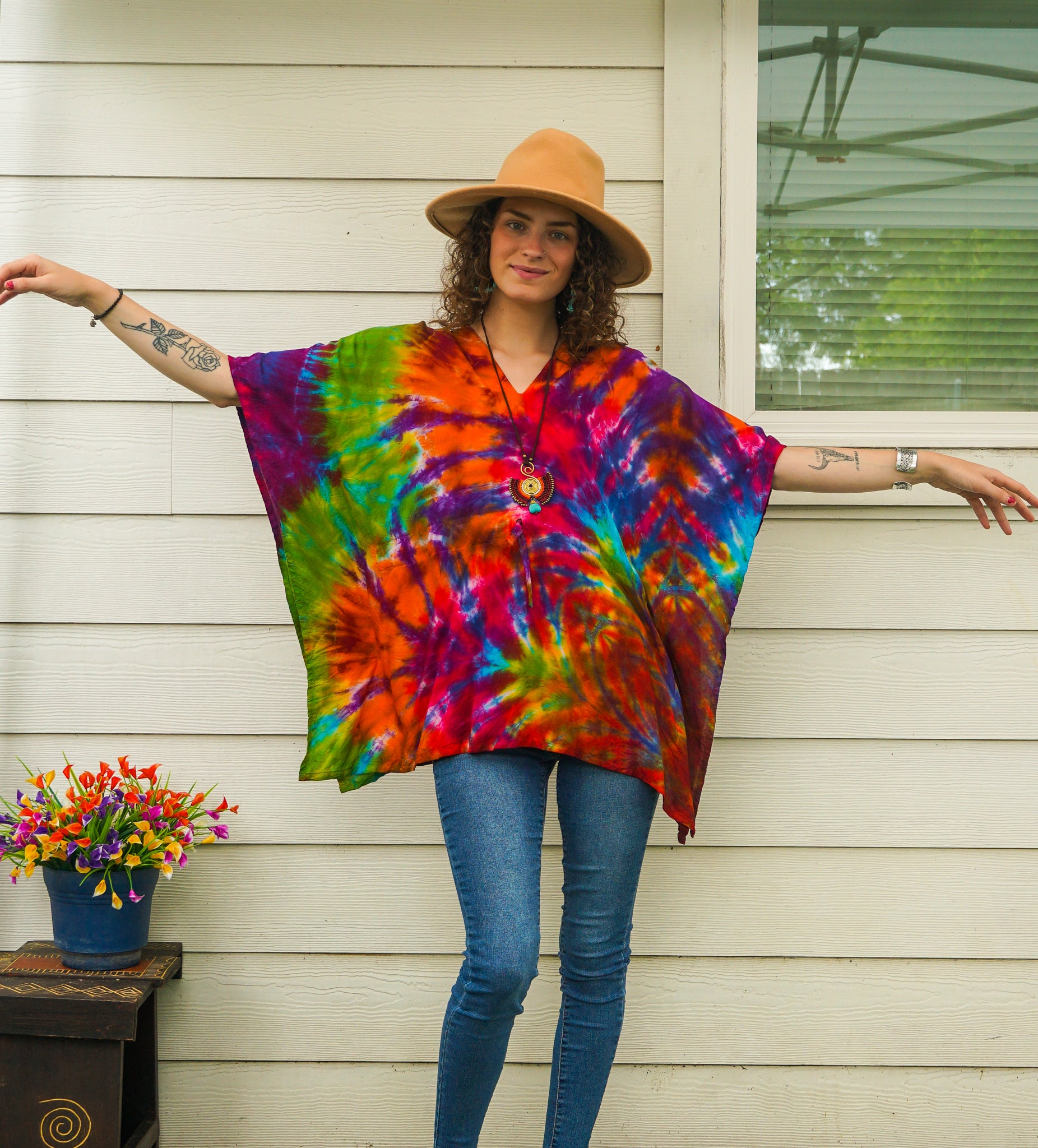 Rainbow Waves Boho Poncho Top – Hand-Dyed Flow Tunic
