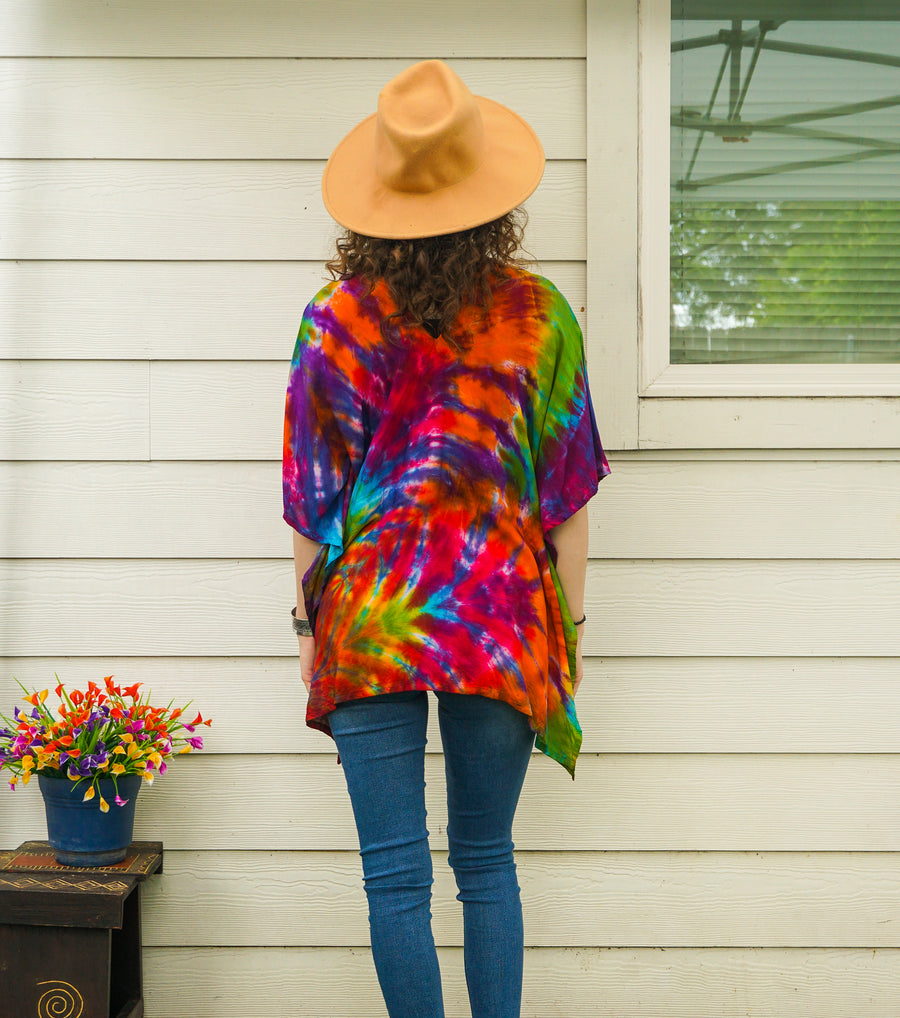 Rainbow Waves Boho Poncho Top – Hand-Dyed Flow Tunic
