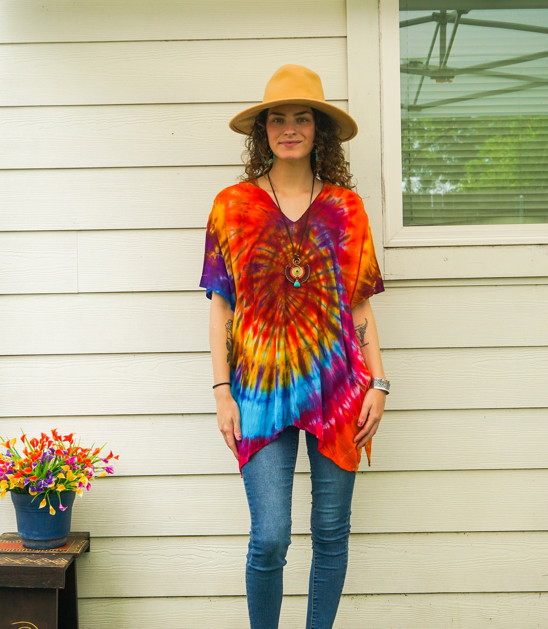 Radiant Sunburst Waves Boho Poncho Top – Hand-Dyed Flow Tunic