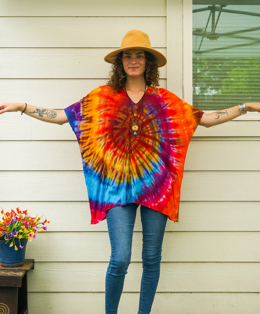 Radiant Sunburst Waves Boho Poncho Top – Hand-Dyed Flow Tunic