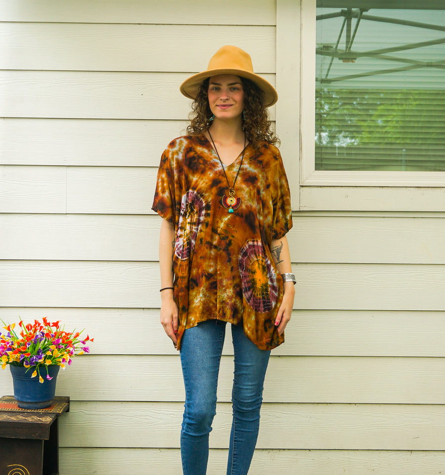Autumn Earth Waves Boho Poncho Top – Hand-Dyed Flow Tunic