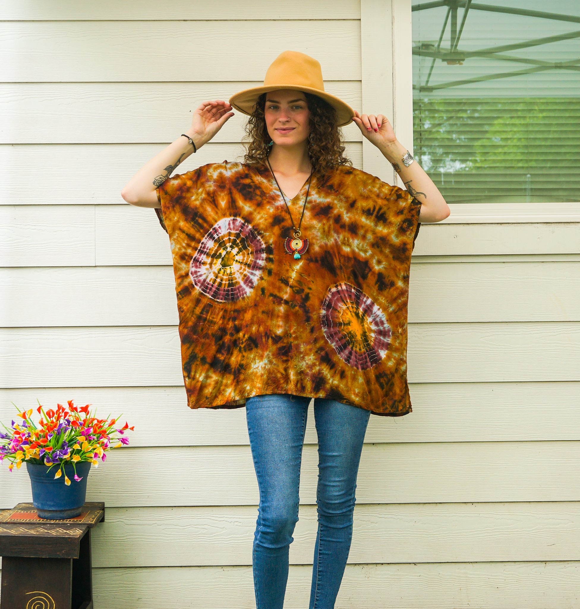 Autumn Earth Waves Boho Poncho Top – Hand-Dyed Flow Tunic