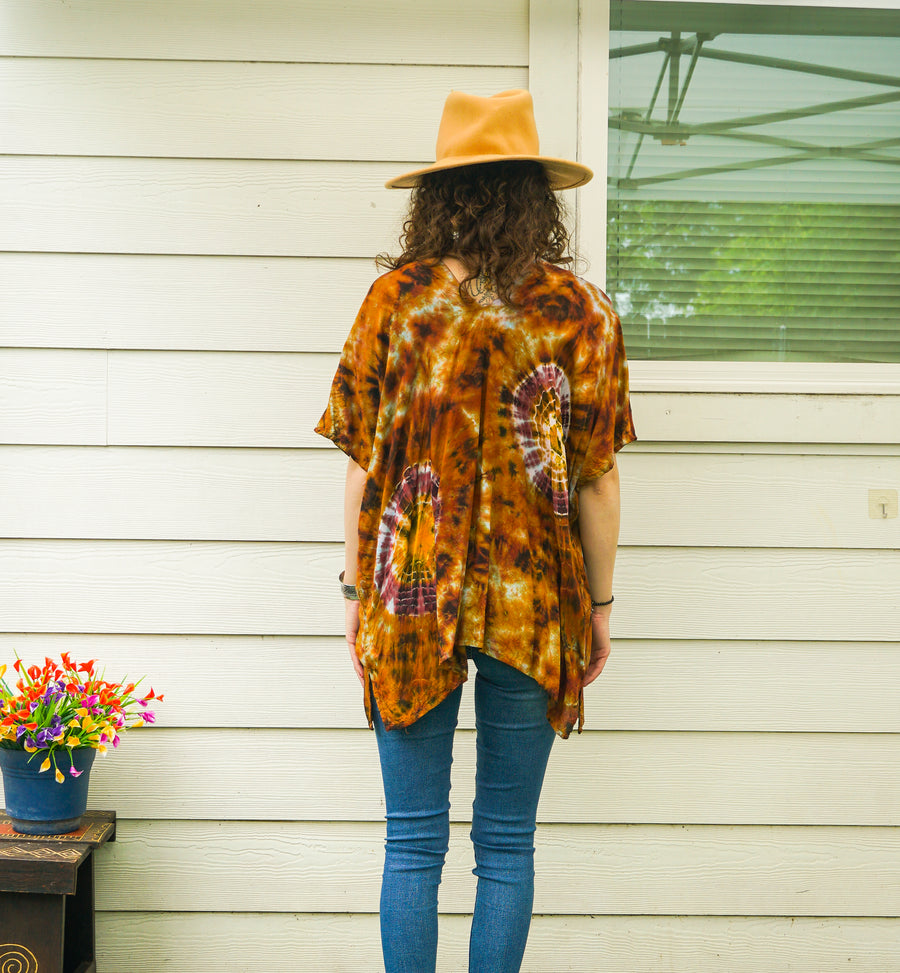 Autumn Earth Waves Boho Poncho Top – Hand-Dyed Flow Tunic