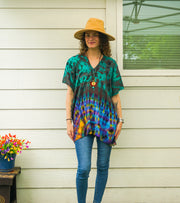 Jade Tide Waves Boho Poncho Top – Hand-Dyed Flow Tunic