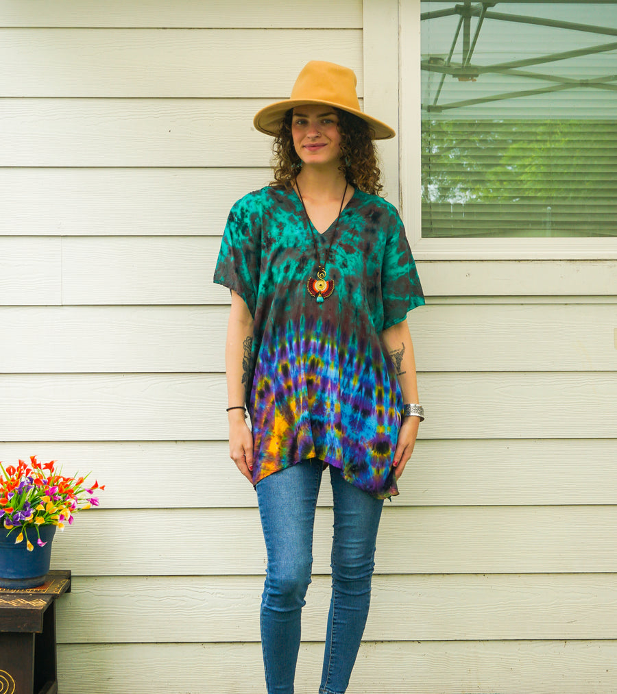 Jade Tide Waves Boho Poncho Top – Hand-Dyed Flow Tunic
