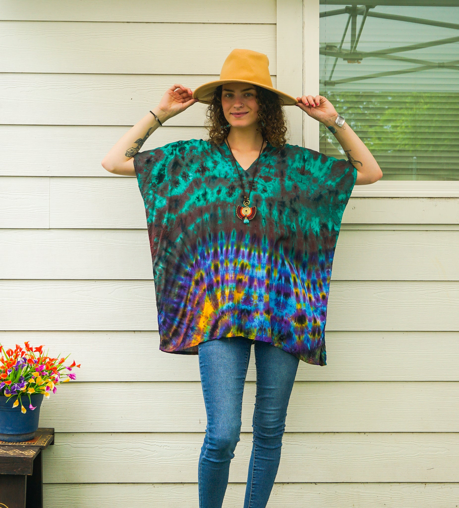 Jade Tide Waves Boho Poncho Top – Hand-Dyed Flow Tunic