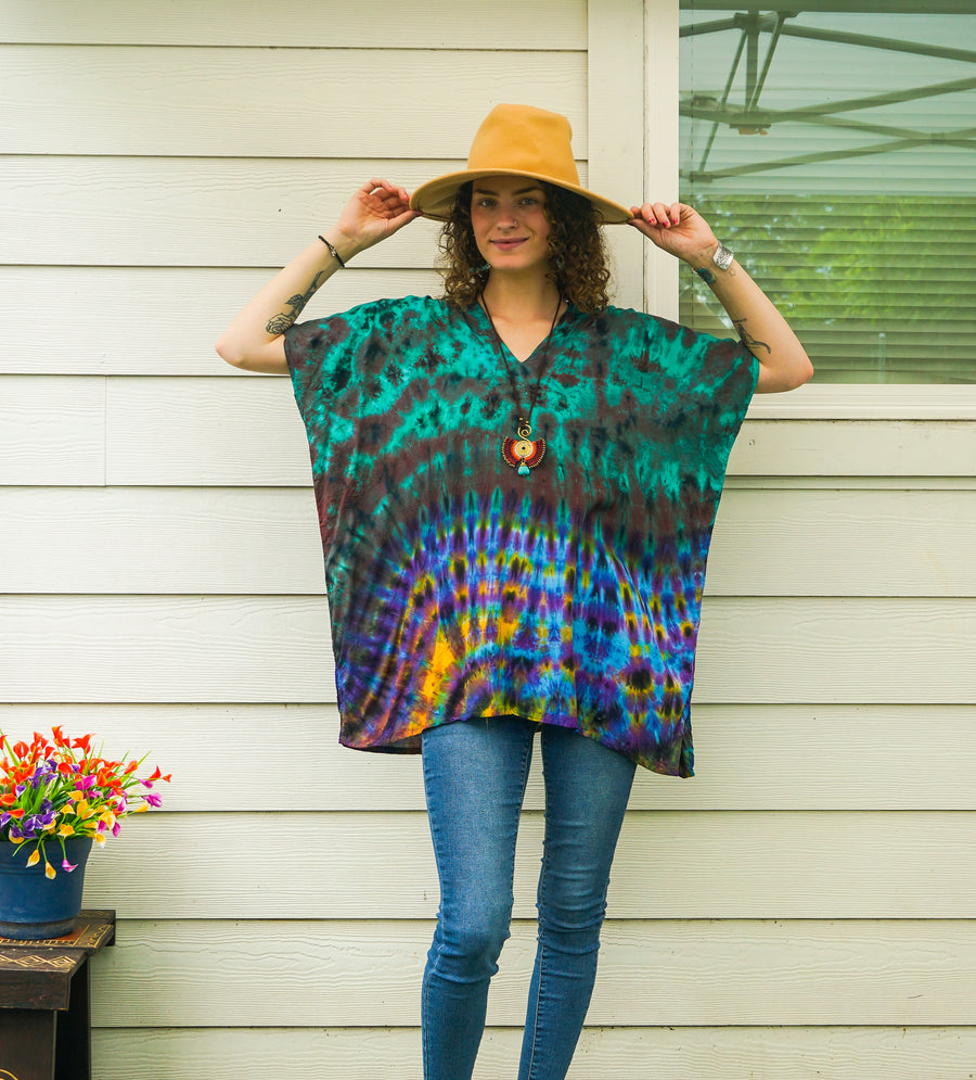 Jade Tide Waves Boho Poncho Top – Hand-Dyed Flow Tunic