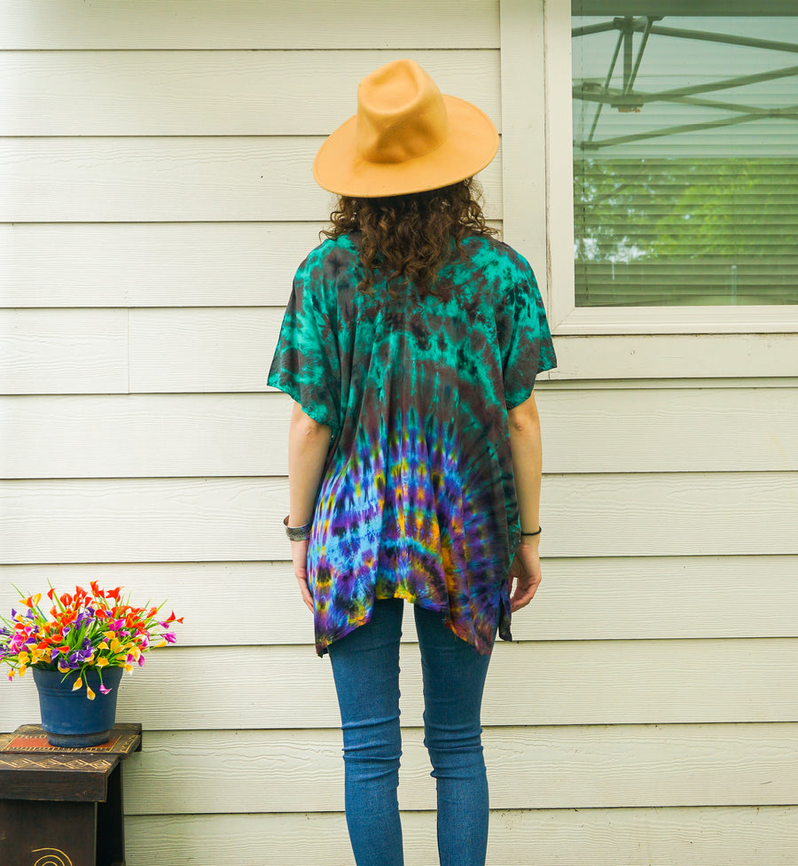 Jade Tide Waves Boho Poncho Top – Hand-Dyed Flow Tunic
