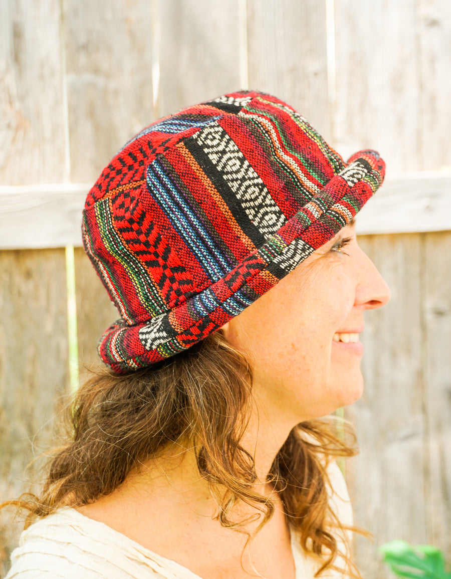 Handmade Boho Woven Bucket Hat – Red Tribal