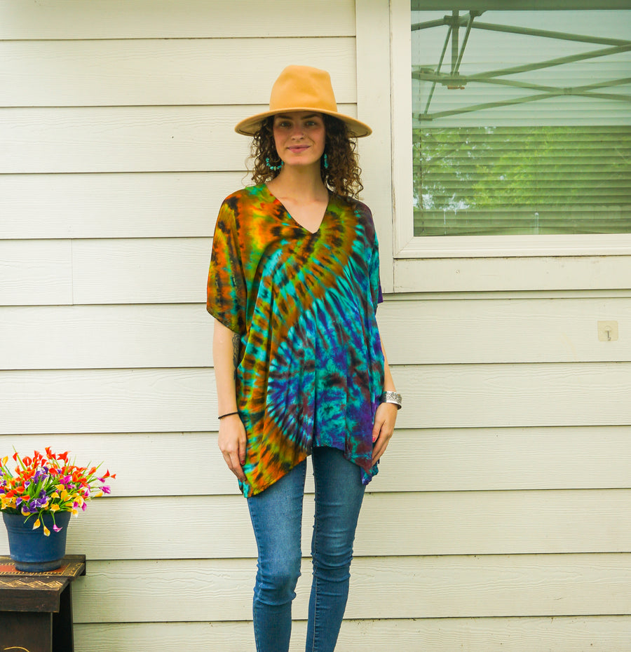 Emerald Spiral Waves Boho Poncho Top – Hand-Dyed Flow Tunic