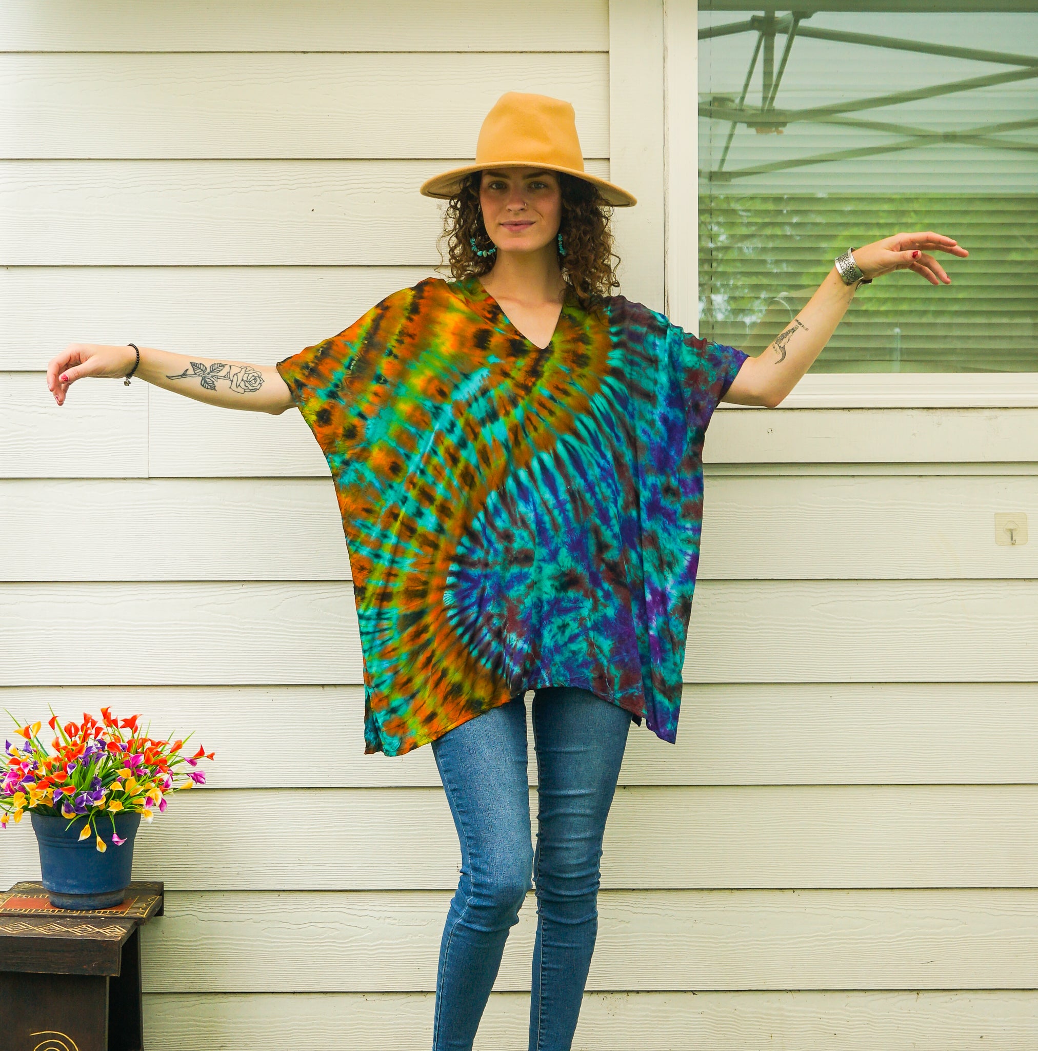 Emerald Spiral Waves Boho Poncho Top – Hand-Dyed Flow Tunic