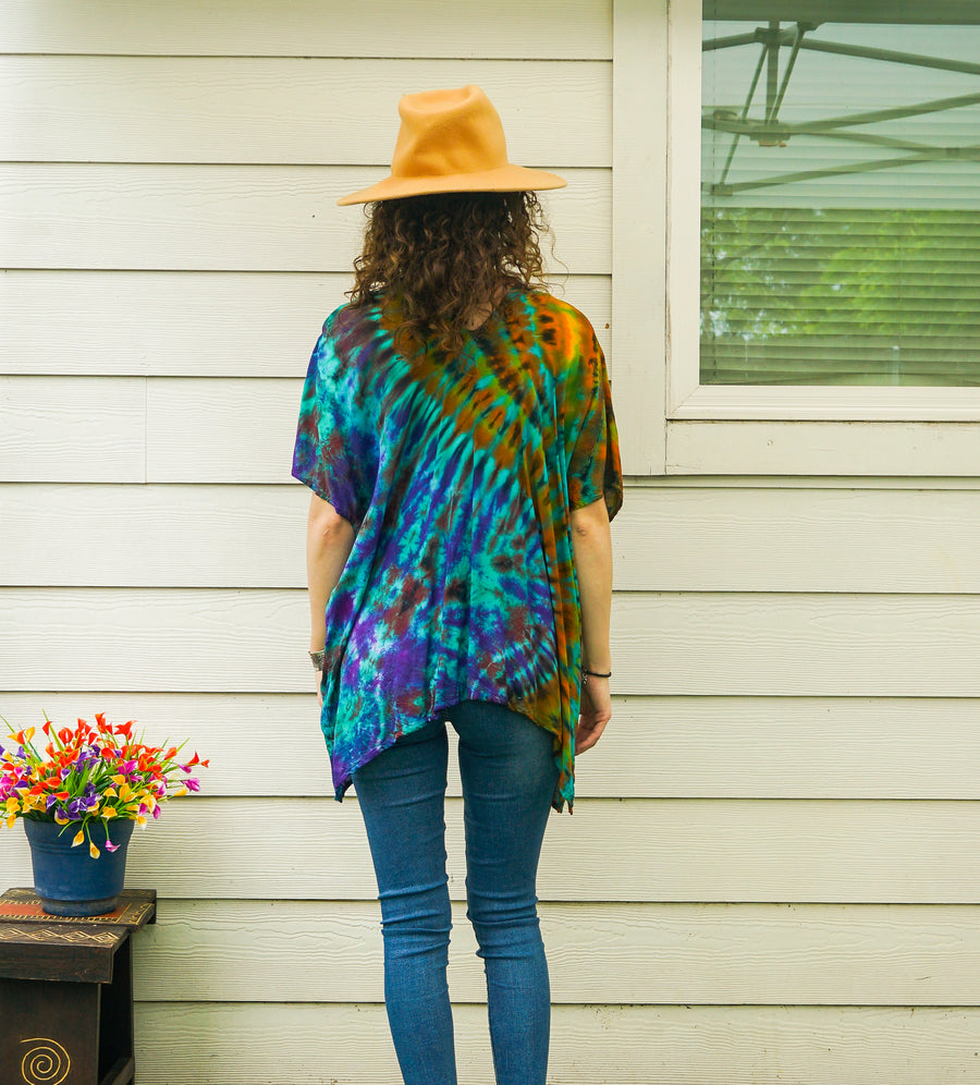 Emerald Spiral Waves Boho Poncho Top – Hand-Dyed Flow Tunic