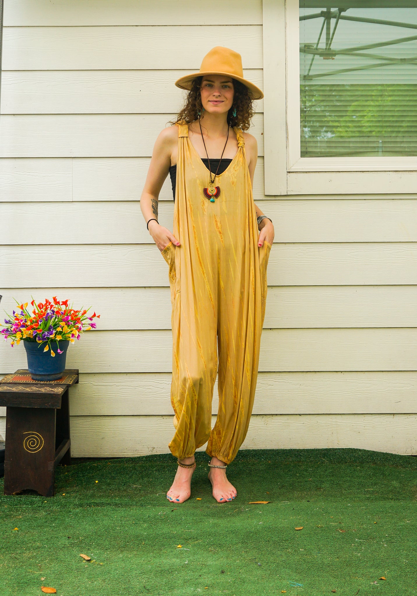 Honey Sand Hand Dyed Dungarees Overalls Jumpsuit with Pockets