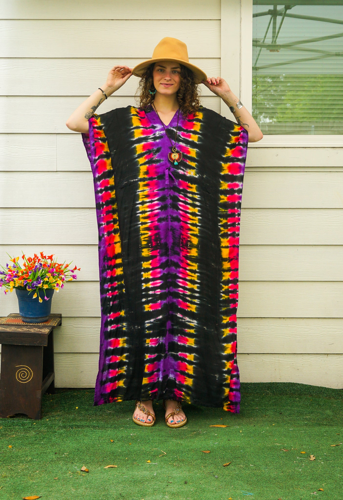 Electric Dusk Tie-Dye Kaftan Dress | Boho Maxi Caftan | Oversized Resort & Lounge Dress