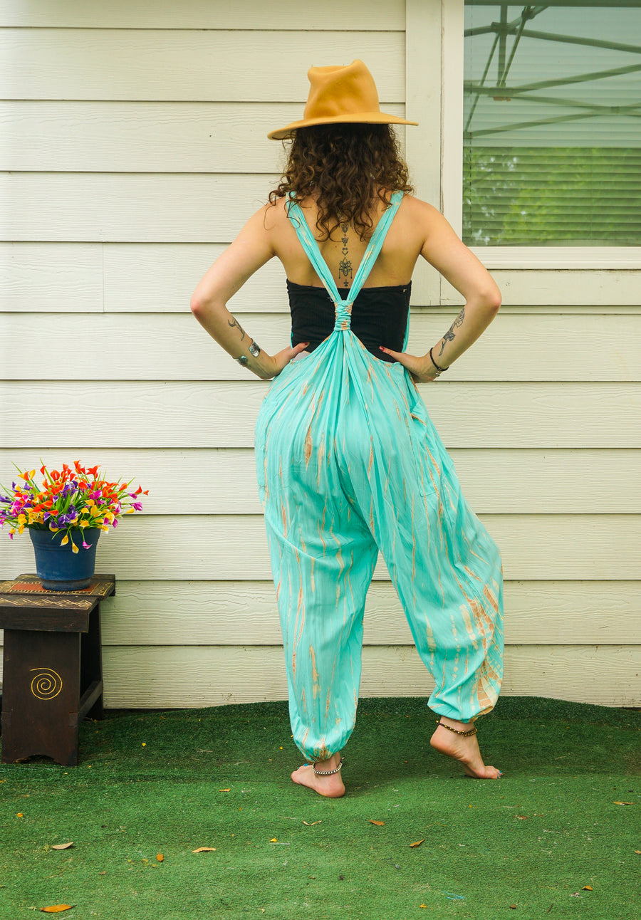 Mint Sand Hand Dyed Dungarees Overalls Jumpsuit with Pockets