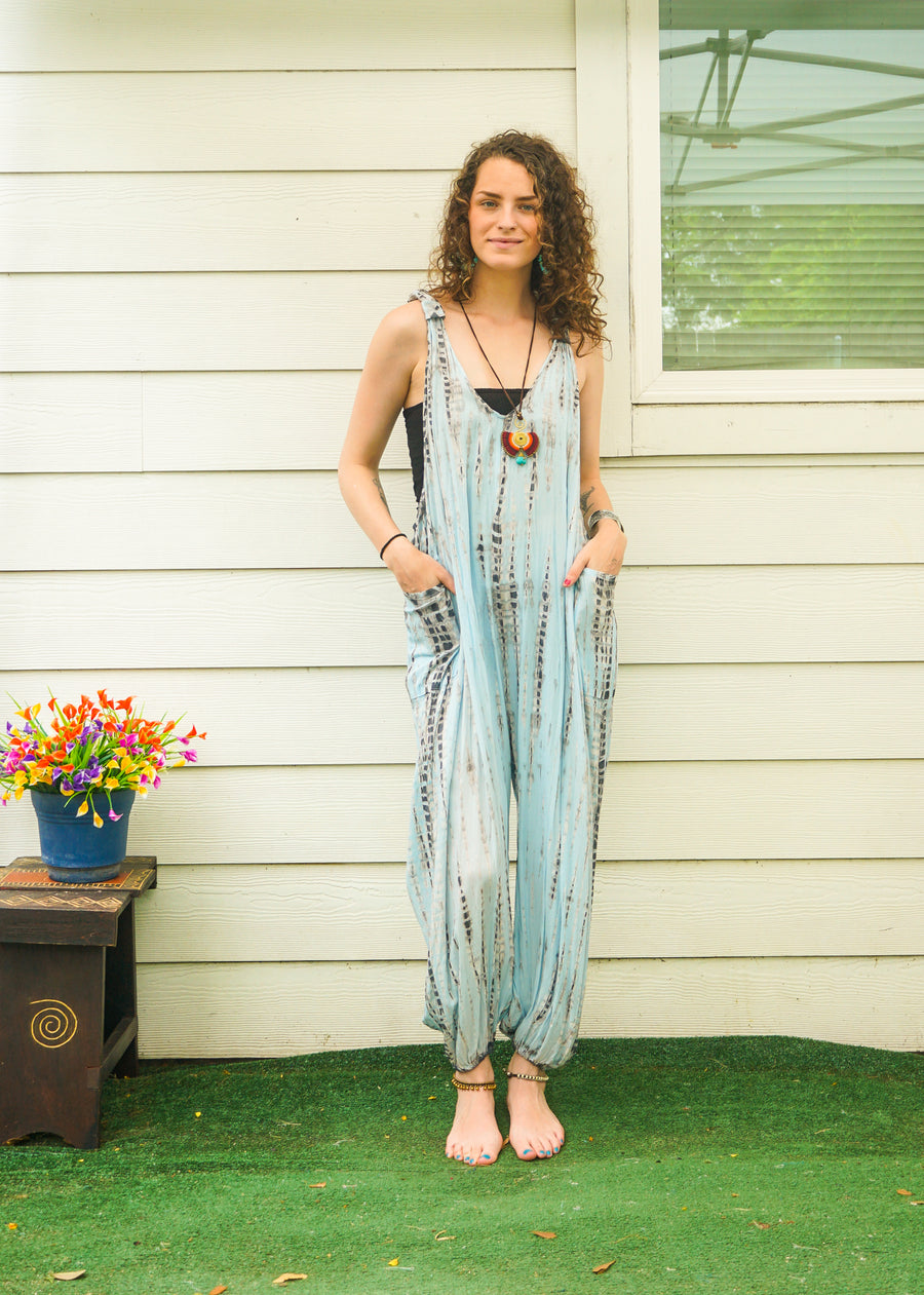 Silver Sky Hand Dyed Dungarees Overalls Jumpsuit with Pockets