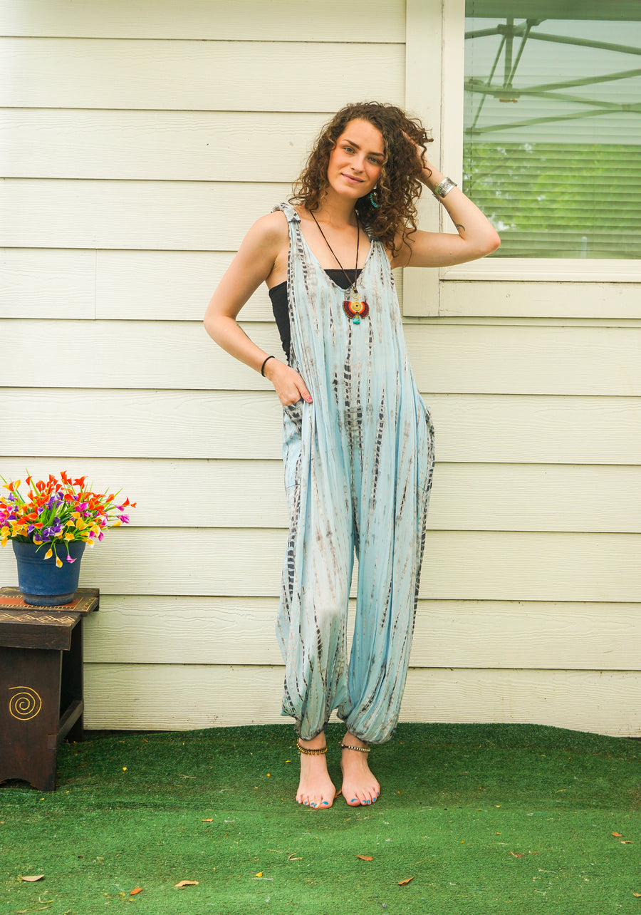Silver Sky Hand Dyed Dungarees Overalls Jumpsuit with Pockets