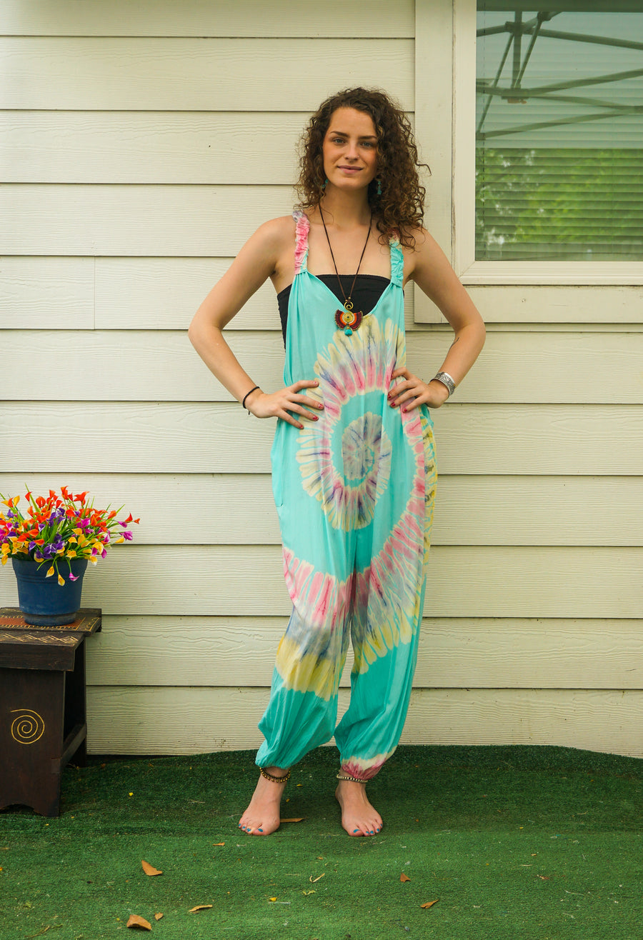 Sunwashed Mint Hand Dyed Dungarees Overalls Jumpsuit with Pockets