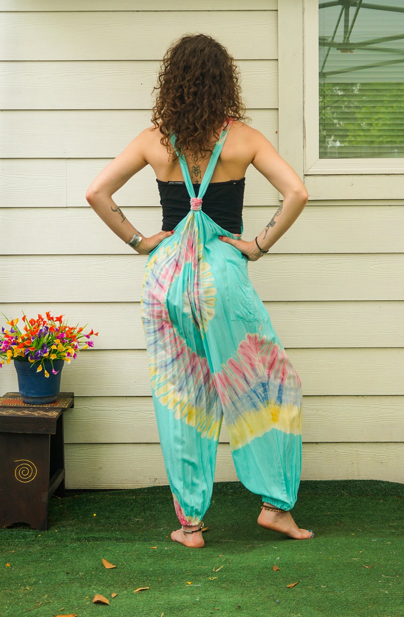 Sunwashed Mint Hand Dyed Dungarees Overalls Jumpsuit with Pockets